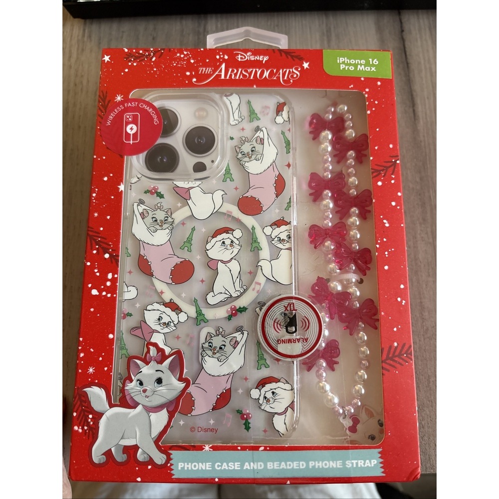 NIB Disney Aristocats Christmas Apple iPhone Case‎ & Beaded Strap 16 Pro Max